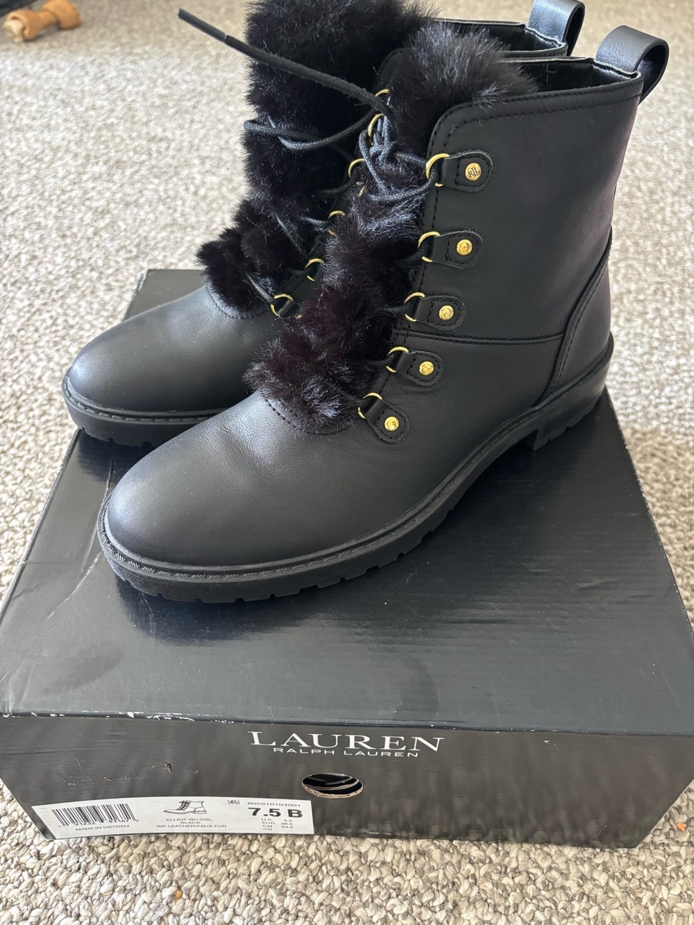 Lauren Ralph Lauren Black Fur-Trim Lace-Up Combat Boots